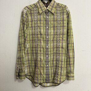 Robert Graham Men's Plaid Floral Embroidered‎ Button-up Shirt Flip Cuff Size L